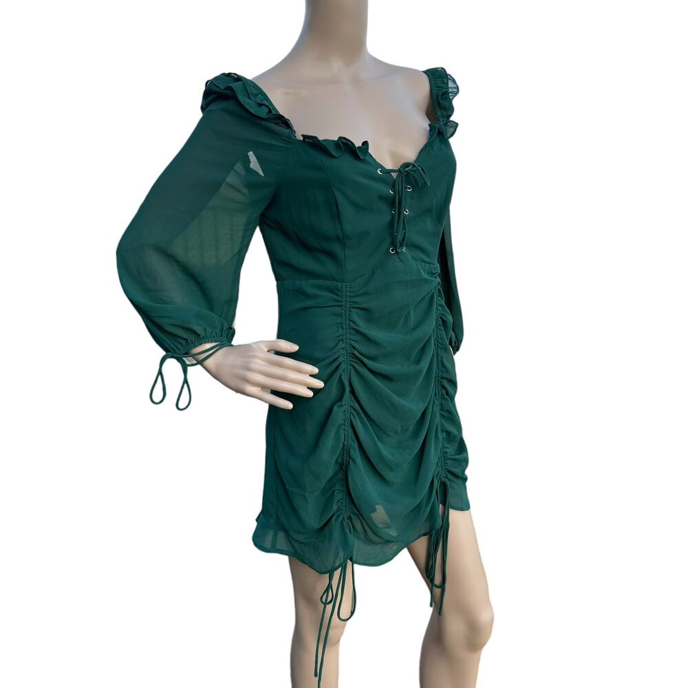 Lulus NWT Green Queen Anne Neck Ruched Ruffle Mini Dress M - Picture 4 of 8